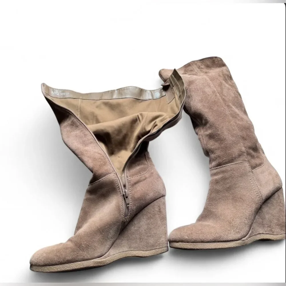 Nine West Taupe Wedge Suede Knee-Knee Boots, Suede in Brown - Size 9.5
